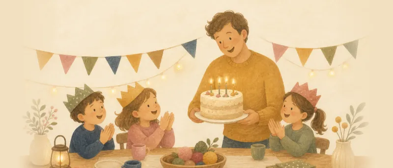 Kinder singen beim Geburtstag das Lied Hoch soll er leben, Torte mit Kerzen auf dem Tisch – Titelbild der Seite