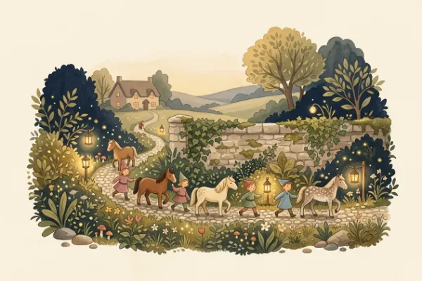 Spielzeugpferde und kleine Figuren eilen zu einer Mauer, Illustration zum Lied Humpty Dumpty
