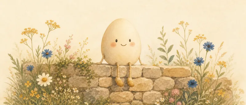 Rundes Ei mit Gesicht sitzt auf einer niedrigen Steinmauer, Illustration zum Kinderreim Humpty Dumpty