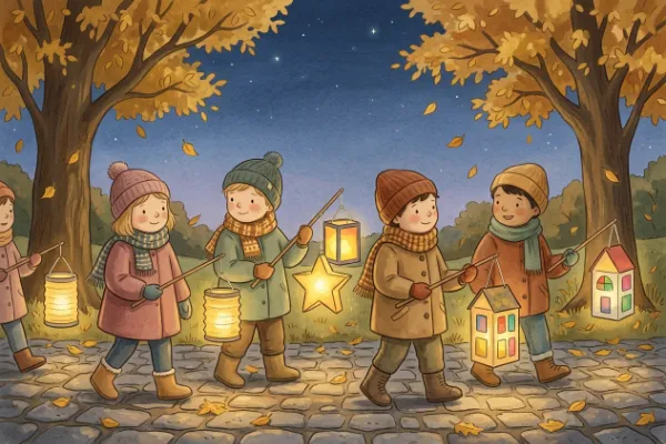 Laternenumzug im Herbst: Kinder mit selbst gebastelten Laternen am Abend