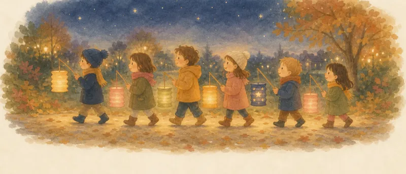 Kinder ziehen mit leuchtenden Laternen durch die Abenddämmerung – Titelbild zum Lied Ich geh mit meiner Laterne