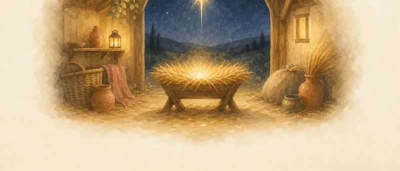 Krippe mit Stroh und hellem Licht im Stall – Titelbild für die Seite Ihr Kinderlein kommet