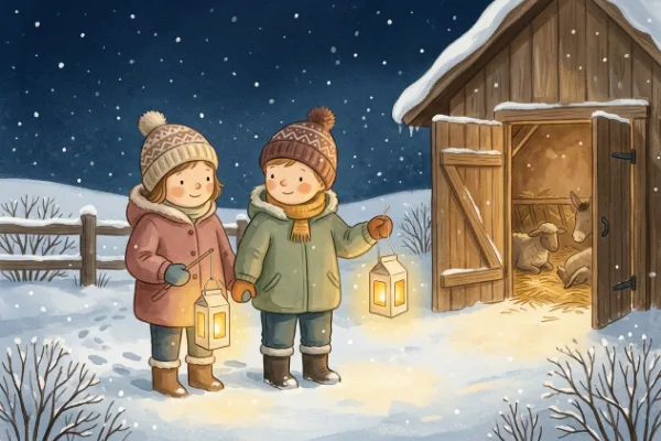 Kinder mit Laternen im Schnee vor einem Stall – Illustration für das Liedblatt