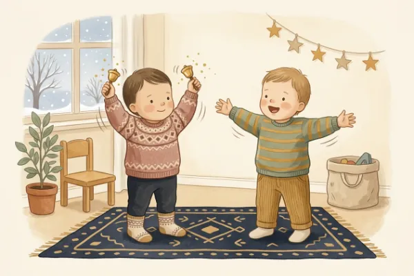 Kinder singen mit Glöckchen in der Hand im warmen Wohnzimmer – Szene zum Mitsingen von Jingle Bells