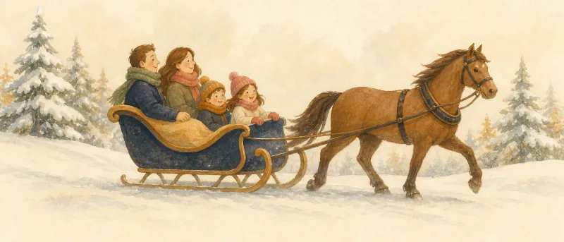 Kinder sitzen mit ihren Eltern in einem offenen Pferdeschlitten im Schnee – Titelbild zum Lied Jingle Bells mit Liedtext