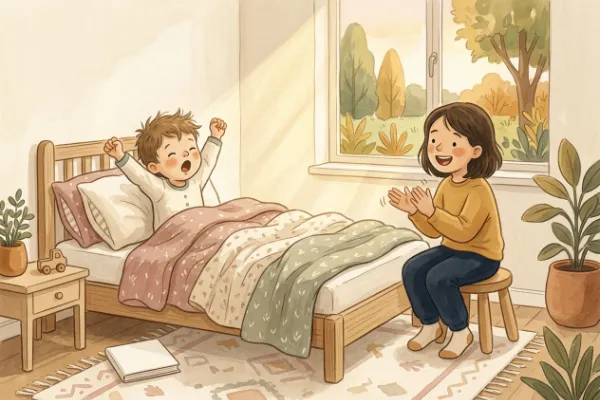 Illustration zum Kanon Bruder Jakob: Ein Kind singt am Morgen für den aufwachenden Bruder im Bett – beliebtes Kanon-Lied.