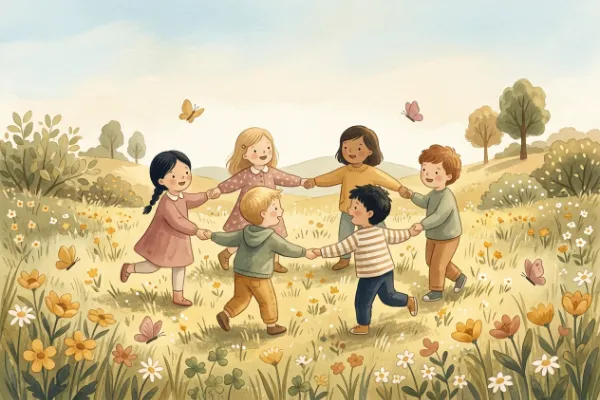 Illustration zum Kanon Es tönen die Lieder: Kinder singen im Kreis – Kachelbild zur Liedseite Es tönen die Lieder