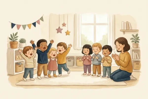 Illustration zum Kanon Frère Jacques: Kinder singen im Wechsel – Kachelbild zur Liedseite Frère Jacques