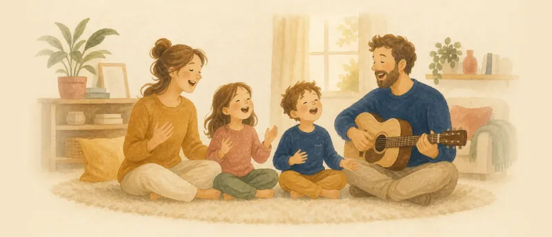 Illustration: Familie singt gemeinsam Kanon-Lieder im Wohnzimmer
