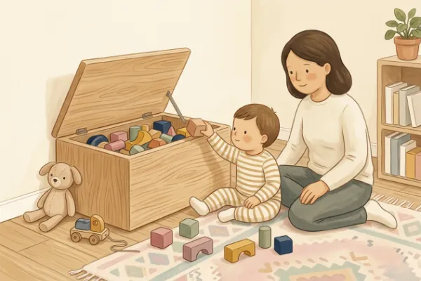Spielzeugkiste mit Bauklötzen – Kachelbild zum Kindergarten-Lied Aufräumlied