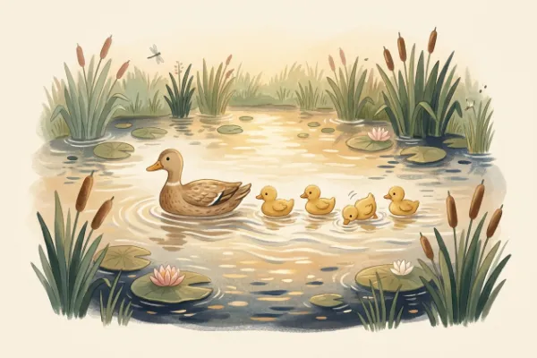 Enten auf einem Teich – Kachelbild zum Kindergarten-Lied Alle meine Entchen