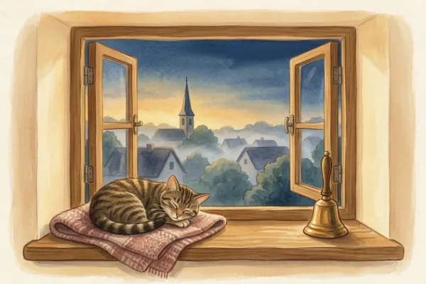 Glocke und schlafende Katze – Kachelbild zum Kindergarten-Lied Bruder Jakob