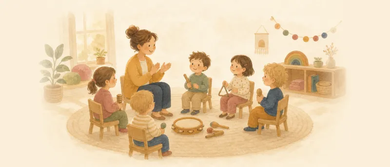 Kindergarten-Lieder: gezeichneter Stuhlkreis mit Tambourin, Liedblatt und Sonnenschein