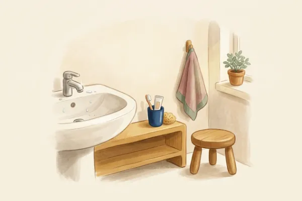 Zahnbürste und Becher im Badezimmer – Kachelbild zum Kindergarten-Lied Zahnputzlied
