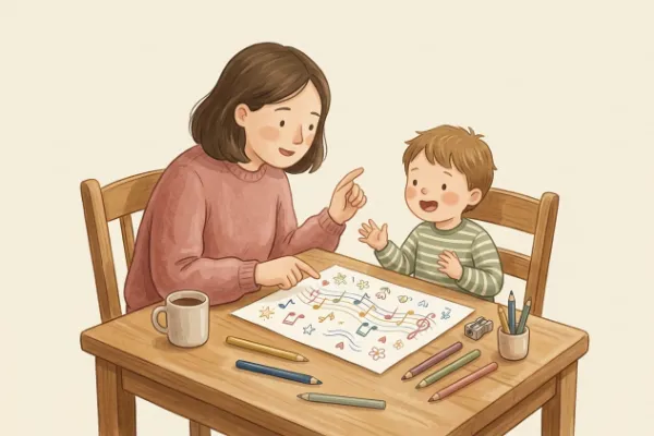 Elternteil und Kind üben am Holztisch spielerisch Kinderlieder-Texte mit Liedblatt und Buntstiften.