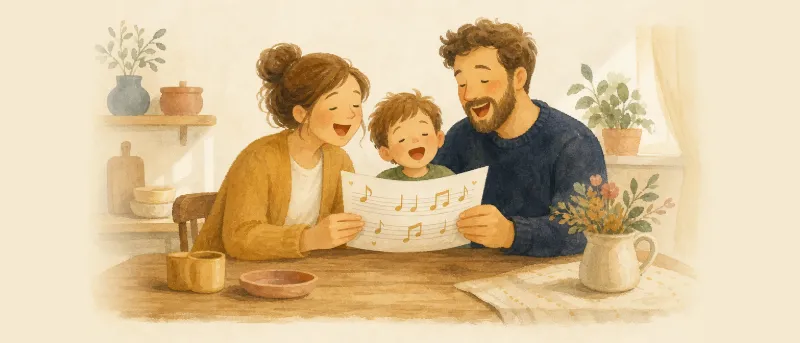 Illustration: Familie singt am Küchentisch nach einem ausgedruckten Liedblatt – Kinderlieder-Texte zum Mitsingen