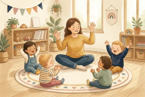 Erzieherin singt mit einer Kindergruppe im Morgenkreis ein Lied mit Bewegungen
