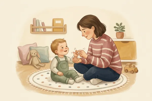 Kinderreime als Fingerspiel: Mutter und Kleinkind sitzen gemütlich auf dem Teppich und halten den Daumen