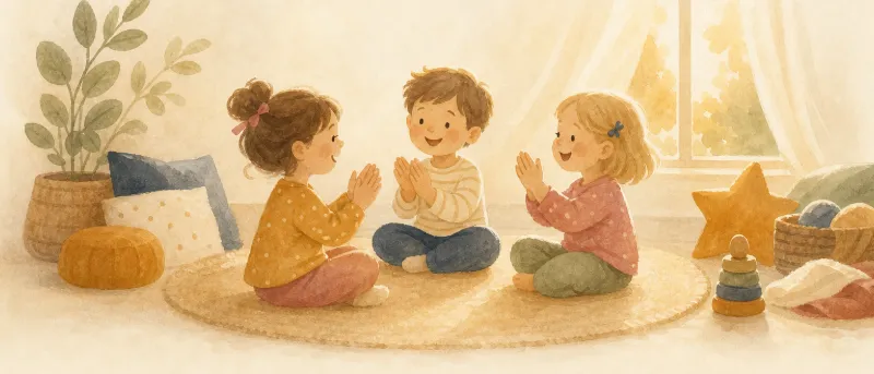 Kinderreime: Kinder sitzen im Stuhlkreis und sprechen gemeinsam einen Vers