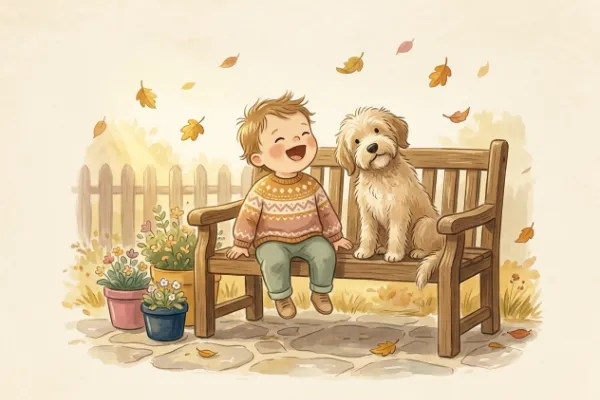 Lustige Kinderreime: Ein Kind lacht fröhlich auf einer Holzbank im Garten neben einem Hund