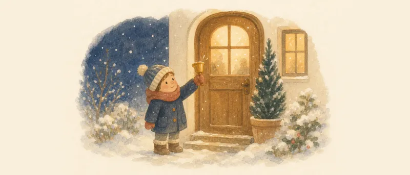 Kling, Glöckchen, klingelingeling: Ein Kind läutet im Winter mit einer kleinen Glocke vor der warm erleuchteten Haustür.