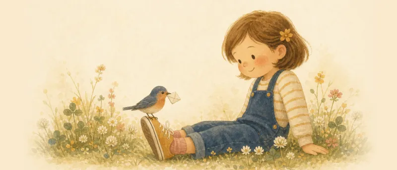 Titelbild: Ein kleiner Vogel mit einem Brief im Schnabel landet auf dem Fuß eines Kindes – Illustration zum Kinderlied Kommt ein Vogel geflogen