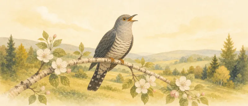 Kuckuck, Kuckuck, ruft's aus dem Wald – ein Kuckuck sitzt auf einem blühenden Zweig am Waldrand, Titelbild zum Liedtext