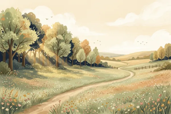Junge Blätter, Felder, Wiesen und Waldrand im Vorfrühling – Illustration zu den Strophen des Frühlingslieds