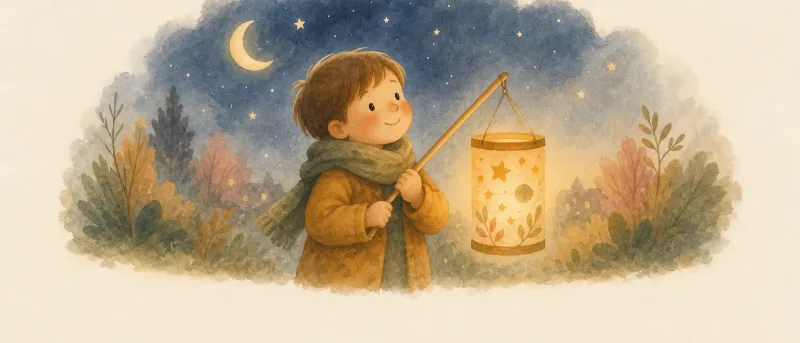 Kind hebt eine leuchtende Laterne in der Abenddämmerung – Titelbild zum Kinderlied Laterne, Laterne