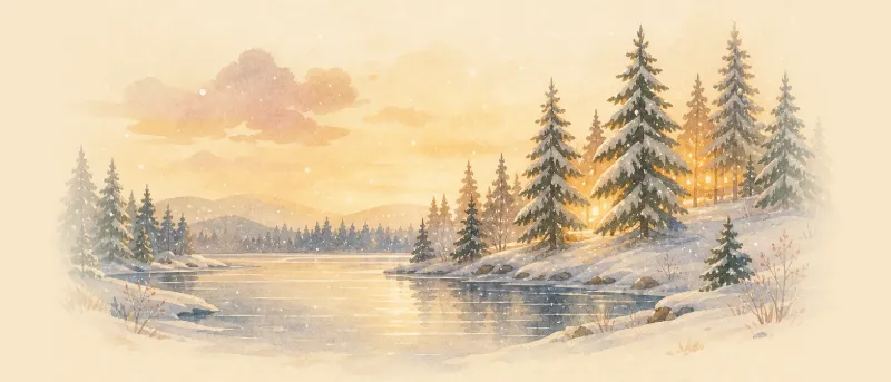Winterliche Szene mit fallendem Schnee, stillem See und glänzendem Wald als Titelbild zum Lied Leise rieselt der Schnee