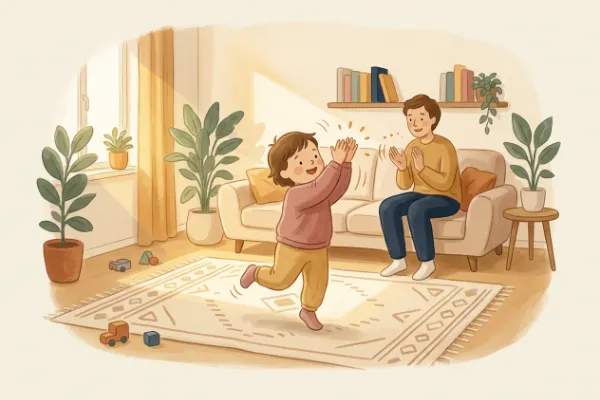 Illustration: Kind hüpft und klatscht beim Bewegungslied durch das Wohnzimmer