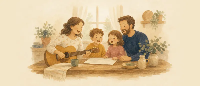 Kinderlieder zum Mitsingen: Illustration einer Familie, die mit Liedblatt und Gitarre am Küchentisch singt