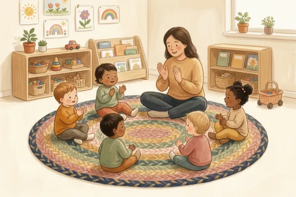 Illustration: Kinder sitzen im Morgenkreis und singen ein Begrüßungslied