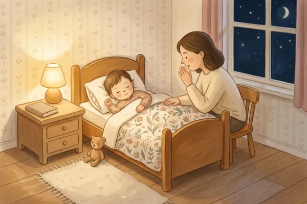 Illustration: Eltern singen dem Kind im Bett ein Schlaflied vor