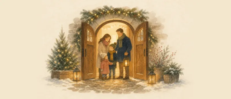 Weit geöffnetes Kirchentor im Advent, aus dem warmes Licht fällt – Titelbild zum Lied Macht hoch die Tür