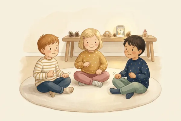 Kinder sitzen im Kreis und machen die Trommelbewegung zum Weihnachtslied Morgen kommt der Weihnachtsmann