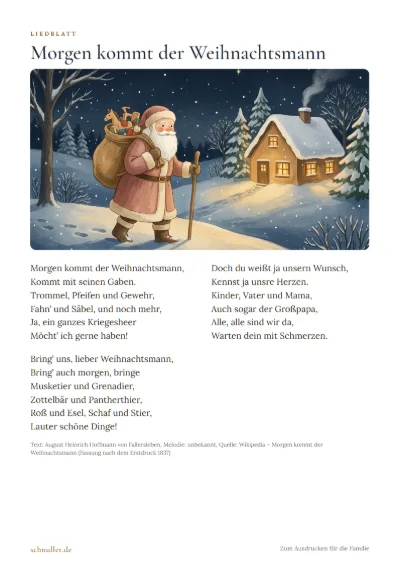 Vorschau: Liedblatt: Morgen kommt der Weihnachtsmann