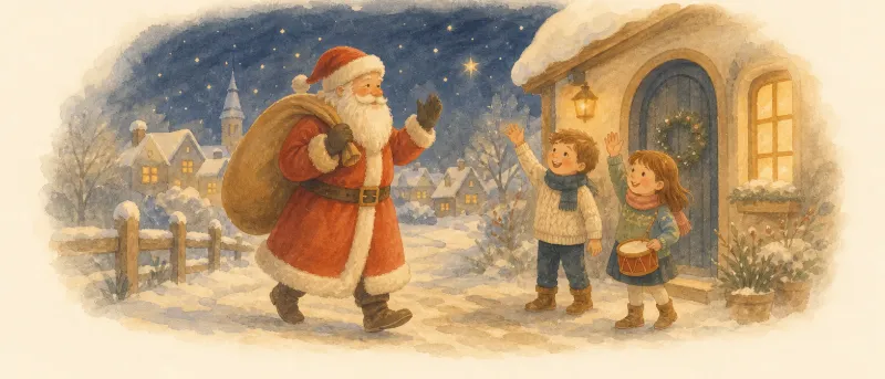 Weihnachtsmann mit Gabensack auf verschneitem Weg, zwei Kinder mit Trommel winken – Titelbild zum Lied Morgen kommt der Weihnachtsmann