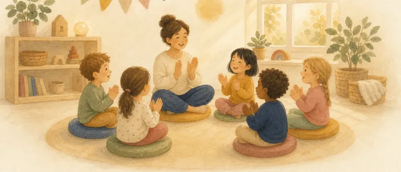 Morgenkreis-Lieder: Kinder sitzen im Kreis auf bunten Kissen und singen zur Begrüßung