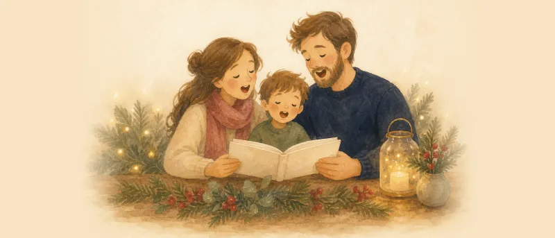 O du fröhliche: Festliche Weihnachtsstimmung mit singender Familie bei Kerzenschein und Tannenzweigen