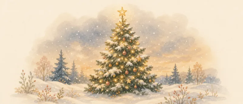 O Tannenbaum: geschmückter Weihnachtsbaum mit warmen Lichtern im verschneiten Winterwald, Titelbild zum Liedtext