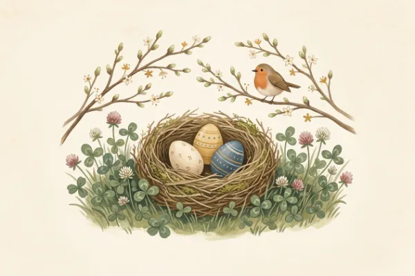 Frühlingswiese mit Osternest, bunten Eiern und blühenden Zweigen als Bild zur Liederseite
