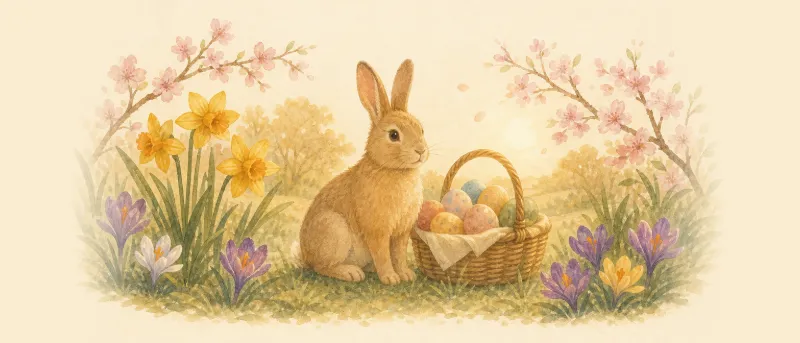 Osterlieder für Kinder: bunte Ostereier, ein Häschen und Frühlingsblumen im Gras auf einer sonnigen Wiese