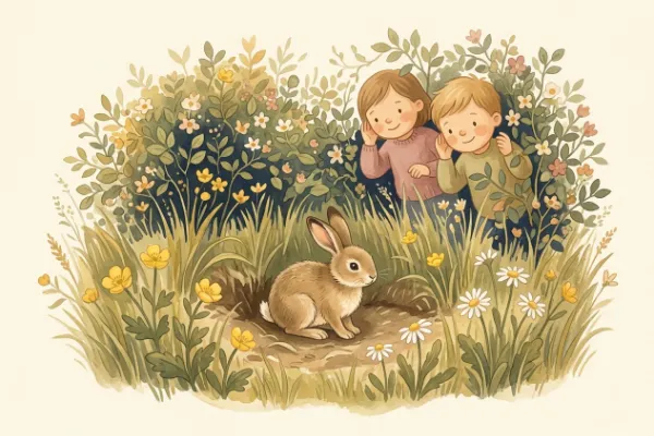 Lied Häschen in der Grube: Ein Häschen sitzt im Gras zwischen Frühlingsblumen, während Kinder im Hintergrund zuschauen