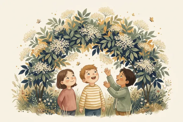Kinder stehen im Kreis unter einem Holderbusch und strecken die Arme nach oben – Illustration zum Ringelreihen