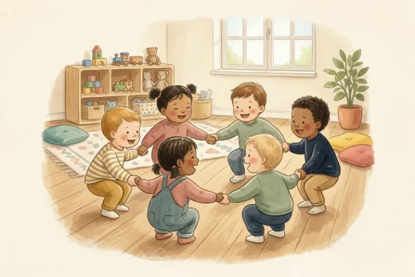 Kindergruppe geht singend im Kreis und geht bei Ringel, Ringel, Reihe zum Schluss in die Hocke