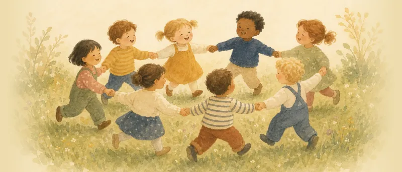 Kinder halten sich an den Händen und tanzen Ringel, Ringel, Reihe im Kreis – Titelbild zum Kinderlied