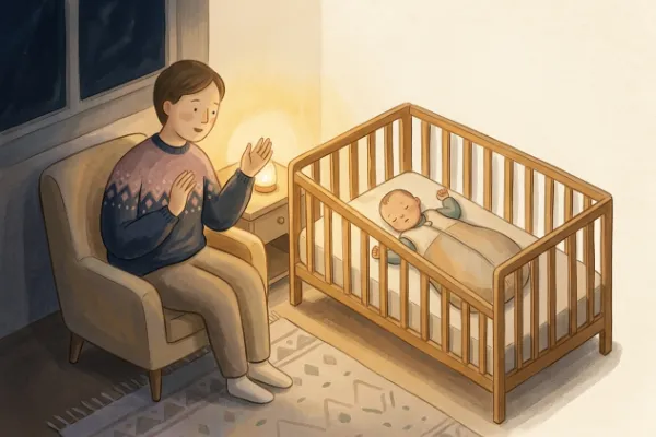 Elternteil macht am Kinderbett ruhige Handbewegungen zum Schlaflied Schlaf, Kindlein, schlaf – Illustration zu den Bewegungen.