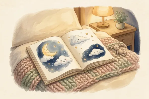 Aufgeschlagenes Liederbuch mit Sternenmotiven auf einer Decke – Schlaflieder für das abendliche Einschlafritual
