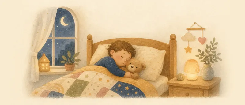 Illustration eines schlafenden Kindes mit Kuscheltier im Mondlicht – Schlaflieder für ruhige Abende